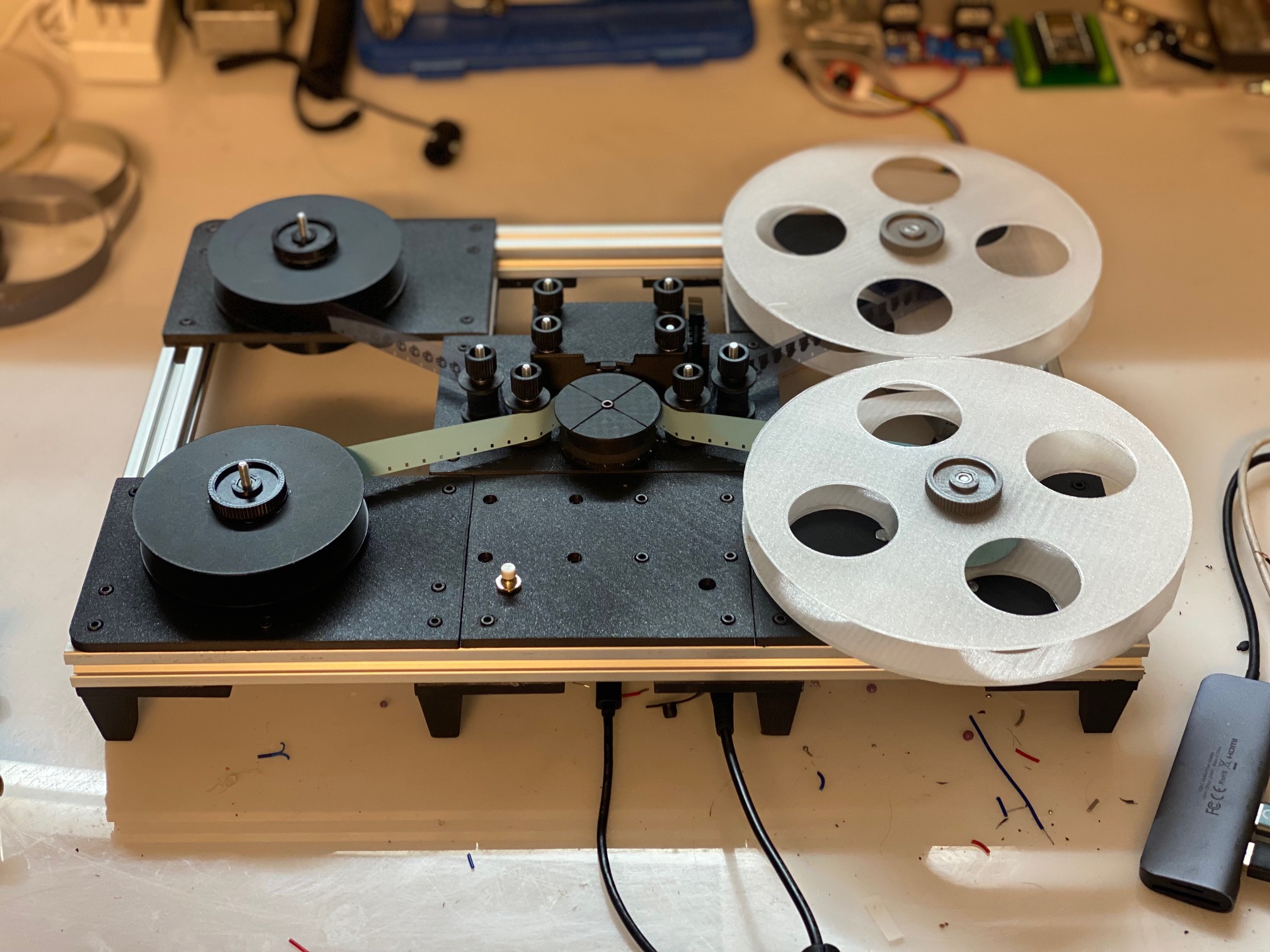 The assembled contact printer with 30m daylight spools and 120m takeup reels.