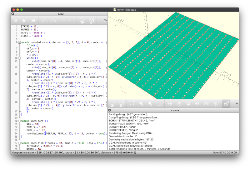 16mm_film.scad in OpenSCAD